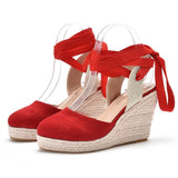 Queen Womens Summer High Heels Platform Wedge Sandals Ankle Buckle Strap Closed Toe Rubber Lace-up
