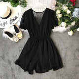 Women Polka Dot Chiffon Overalls Sashes Korean Short Sleeve V Neck Beach Rompers Loose Casual Summer Wide Leg