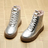 Women Boots Patent Leather Booties Warm Winter Shoes Black Silver Ankle Snow Boots Waterproof Platform Botas 41 42