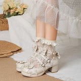 6 Candy Color Princess JK Uniform Cosplay Lolita Shoes String Bead Ruffles Bow Cross Tied Chuncky Heels Pumps Women Purple