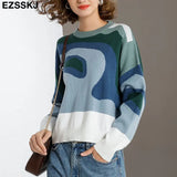 Color Block Drop Shoulder Sweater Croped Sweater pullovers Women 2021 loose Sweater Pullover female Long