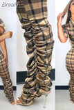 Plaid Print High Waisted Pants Casual Office Lady Trousers Slit Design Women Skinny Stacked Long Pants New 2023