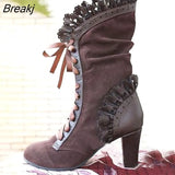 Women Lace Women's High Heel Middle Tube Boots Botas Zapatos Mujer Retro Leather Winter Shoes Booties Cowboy Botas