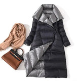 Women Double Sided Down Long Jacket Double Breasted Snow Outwear Warm Parka Stand Collar Lapel 90% White Duck Down