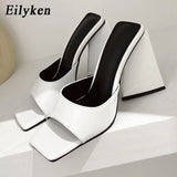 Summer Orange Black Triangle Thick heel Slippers Sexy Street Woman Party Peep toe Dress shoes size