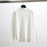 Style Loose Sweater Women Pullover Casual Half Turtleneck Long Sleeve Oversized Knit Sweater Female Jumpers Split