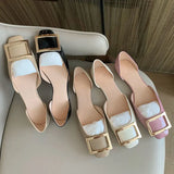 D'orsay Shoes Ladies Luxury Metal Buckle Flats Women Square Toe Ballerinas Shiny Leather Dress Slip On Office