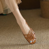 Women's Sandals 2023 Summer Shoes Pu Leather Narrow Straps Gladiator Beach Sandals Hollow Peep Toe Casual Flat