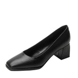 Shoes Women Black Heel Square Head Comfortable Coarse Leather Single Shoes Flats To Work Leather Shoes High Heel Professional Women's