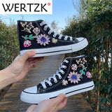 Canvas Shoes for Women Small White Shoes Women's High-top Handmade 3D Flower Pearl Flat-bottomed Leisure Student