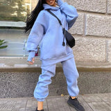 Casual Fleece Two Piece Set Long Sleeve Hoodie Pullover Sweatshirt And Jogging Sweatpant Suit Loose Solid Female