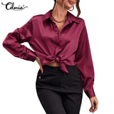 Celmia Women Satin Silk Basic Shirts 2022 Spring Casual Long Sleeve Blouse Elegant Solid Color Lapel Party Tops Fashion