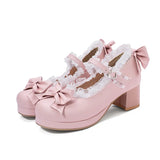 Girls Sweet Lolita Ruffles Bowknot Lace Bridal Wedding Shoes Women High Heel Bordered Princess Dress Men Pink Plus Size