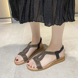Women Wedges Sandals Crystal Decoration Chunky Heel Peep Toe Back Strap Elastic Band Elegant Fashion Shoes Ladies Size