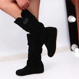 For Women Pleated Female Flock Warm Shoes Round Toe Flat Woman Casual Footwear Women's Mid-calf Boots Drop