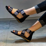 2022new women's flat sandals summer zipperopen toe women's shoes plus size beach leathersandals retro print ethnic style