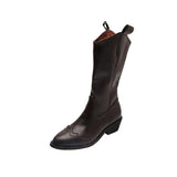 Western Mid Calf Boots PU Leather Boot Ladies Black Cowboy Retro Women's Working Oxford Shoes Female Vintage