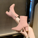 Breakj Winter New Korean Version Of High-Heeled Thin Boots Fashion Short Boots Women's Large Size Shoes Bright Leather Side Zipper