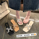 Breakj Version Of The Diamond One Type Flat Bottom Slippers Female Flat Slippers Square Head One Foot Pedal Home