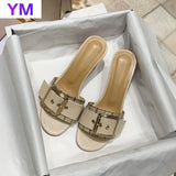 Woman Mules Ladies Party Slides Women Fashion Buckle Sandals Women's Slippers Female Outdoor High Heels PU Leather Size