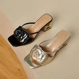 Breakj Word Drag Flower Decoration Coarse And Cool Slippers Women's Summer Fashion Tadge Height And Korean Version Of The Square Head Women's