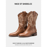 Breakj Sui Coarse And The Western Cowboy Boots V Mouth Embroidered Sleeve Rider Boots Retro Mid-Head