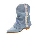 Pointed Denim Boots for Women 2023 Autumn New Slip on Thick Heeled Western Cowboy Boots Woman Blue Jeans Mid-Calf