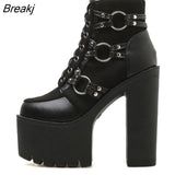 Spring Fashion Motorcycle Boots Women Platform Heels Casual Shoes Lacing Round Toe Shoes Ladies Autumn Boots Black