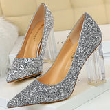 Shoes Transparent Heels Women Pumps Sequins Wedding Shoes Square Heels Women Shoes Crystal Heel Sexy Heeled Shoes