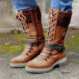 Women's Boots 2022 Autumn and Winter New Lace-up Knitted Women's Mid-calf Casual Thick-soled Shoes Fleece Warm Botas De