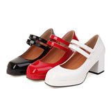EDEELVEEYS Patent Leather Womens Chunky 7cm High Heel Hook Loop Ankle Strap Pumps Platform Lolita Vintage Dress Shoes Big