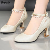Wedding Bridal Shoes for Women Autumn Round Toe Block Heels Rhinestone Pearl Platform High Quality Pumps Woman's