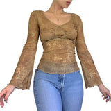 Khaki Vintage Print V Neck Flare Long Sleeve Y2K Tops Cute E Girl Fairy Grunge Aesthetic Graphic T Shirts for