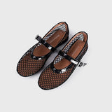 Breakj Hollow Ballet Shoes Female Flat Bottom Buckle Metal Mesh Mary Jane Shoes Women's Niche Design Single