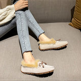 Bowtie Fur Mocasines Women Mink Hair Boots Winter Plush Warm Flats Genuine Leather Loafers Femmes Shearling Cotton