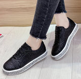 Women Glitter Flat Sneakers Casual Female Mesh Lace Up Bling Platform Comfortable Plus Size Vulcanized Shoes