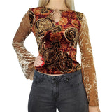 Khaki Vintage Print V Neck Flare Long Sleeve Y2K Tops Cute E Girl Fairy Grunge Aesthetic Graphic T Shirts for