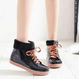 Women's Rainshoes Waterproof Non-Slip Flat Rubber Shoes Women Rain Boots Short Tube Lace Up Velvet Warmer Winter