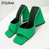 Summer Orange Black Triangle Thick heel Slippers Sexy Street Woman Party Peep toe Dress shoes size