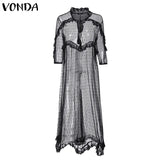 VONDA Summer Sexy White Lace Dress 2022 Women V-Neck Dot Hollow Asymmetrical Hem Dress Bohemian Holiday Vestidos Party