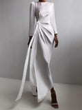 Satin Women Dress O Neck Long Sleeve Ruched High Split Ankle-Length Autumn Sexy Elegant Club Partywear Night