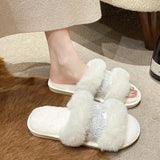 Style Woolly Lace Flat-Soled Slippers Women's Fashionable Home Indoor Hairy Cotton