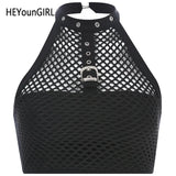 Sexy Backless Women Tank Top Sleeveless Halter Black Mesh Crop Tops Tees Shirt Cotton Fitness Harajuku Cropped