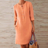Winter Autumn Button Cotton Linen Dress women Elegant O-Neck Knee length Long Sleeve Pocket Solid Dress Plus Size