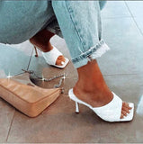 NEW Sexy PU Diamond Square Head Peep Toe High Heel Sandals Summer Fashion Slip On Thin Heels Slides Women Mules