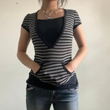 y2k Short Sleeve Top Women Stripe Patchwork Harajuku Tee Vintage Woman Clothes Fairy Grunge Tshirt with Pocket