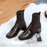 Toe Ankle Boots Autumn Knitted Elastic Woman Short Boots Fashion Slip-On Women Boots Women's Soft Leather Botas