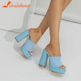Platform Slipper For Women 2023 New Fashion Chunky Heel Knitted Wool Fashion Mules Sandals Walking Comfy