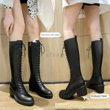 New Thicken Winter Knight Boots Women Knee High Long Square Heel Boots Retro Thick Motorcycle Boots Black White