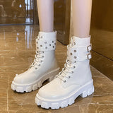 Buckle Thick Heel Martin Boots Autumn 2024 New Comfortable Short Boots 43 Plus Size Women's
